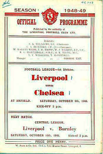 programme cover for Liverpool v Chelsea, 9th Oct 1948