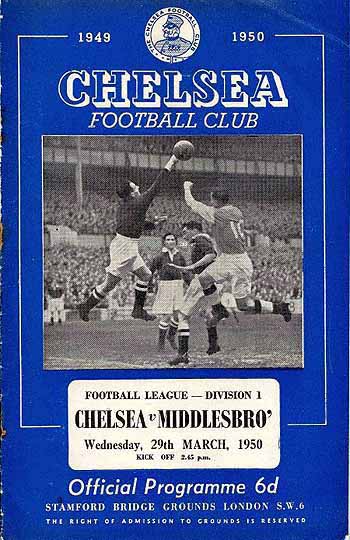 programme cover for Chelsea v Middlesbrough, 29th Mar 1950