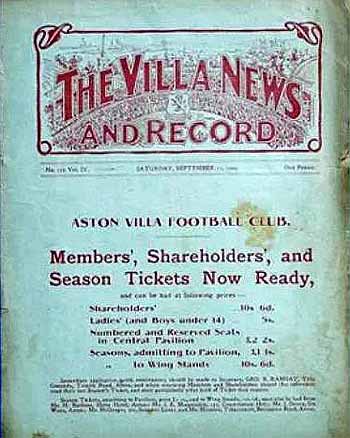 programme cover for Aston Villa v Chelsea, Saturday, 11th Sep 1909