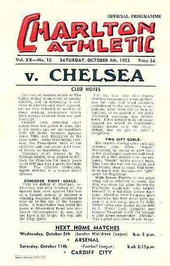 programme cover for Charlton Athletic v Chelsea, 4th Oct 1952
