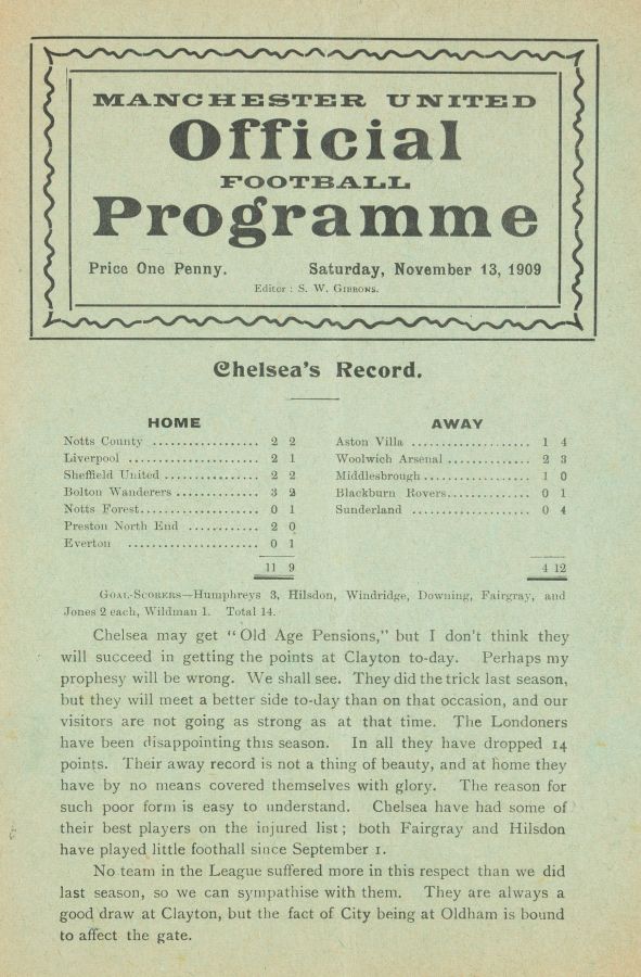 programme cover for Manchester United v Chelsea, Saturday, 13th Nov 1909