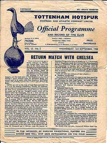 programme cover for Tottenham Hotspur v Chelsea, Wednesday, 3rd Sep 1958
