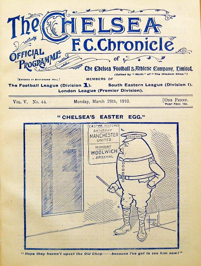 programme cover for Chelsea v Woolwich Arsenal, 28th Mar 1910