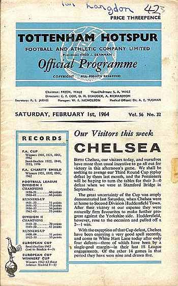 programme cover for Tottenham Hotspur v Chelsea, Saturday, 1st Feb 1964