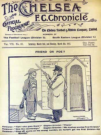 programme cover for Chelsea v Clapton Orient, Saturday, 2nd Mar 1912