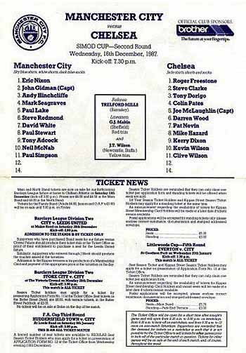 programme cover for Manchester City v Chelsea, 16th Dec 1987