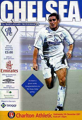 programme cover for Chelsea v Charlton Athletic, 5th Dec 2001