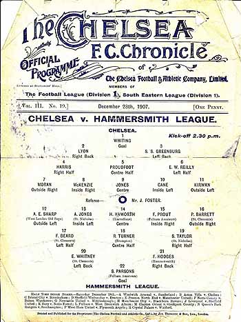 programme cover for Chelsea v Hammersmith League, Saturday, 28th Dec 1907