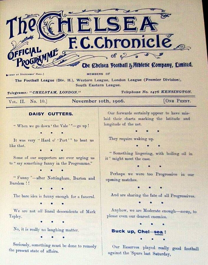programme cover for Chelsea v Burnley, 10th Nov 1906