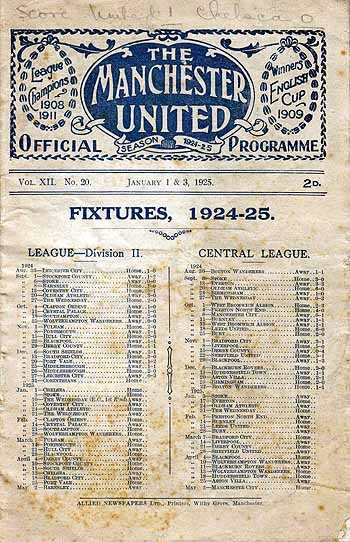 programme cover for Manchester United v Chelsea, 1st Jan 1925